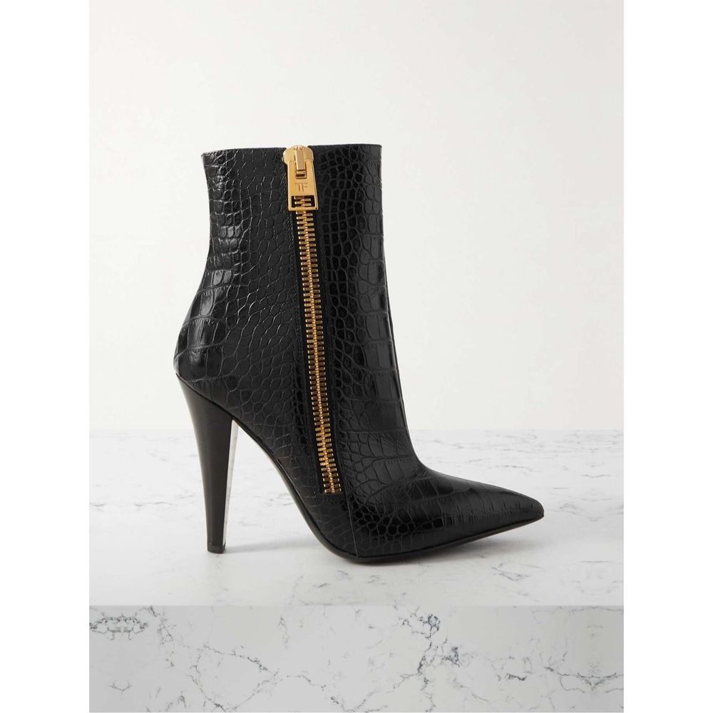 Tom Ford Black Croc-Embossed Ankle Boots with Gold Zipper
